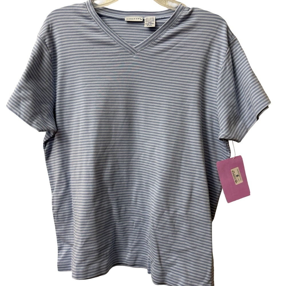 Vintage Norsport Lightweight Striped V-Neck T-Shirt - Blue/White